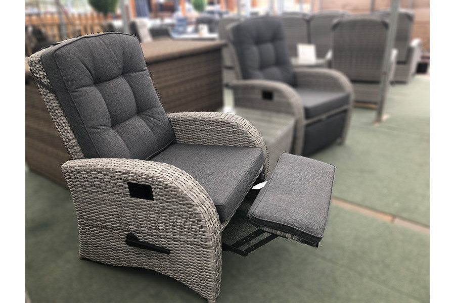 Reclining Rattan Chair Built in Footrest in Silver Grey